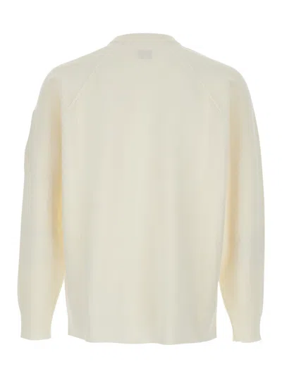 C.p. Company Men White Crewneck Sweater With Logo Plaque On The Sleeve In Wool Blend Man In White