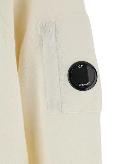 C.p. Company Men White Crewneck Sweater With Logo Plaque On The Sleeve In Wool Blend Man In White