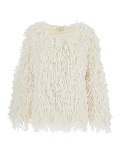 Loulou Studio Gabin Wihte Sweater With Round Neck And All-over Fringed Embellishments In Wool Blend Woman In Neutral