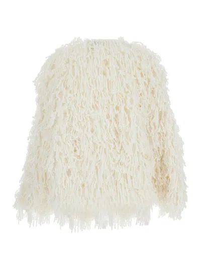 Loulou Studio Gabin Wihte Sweater With Round Neck And All-over Fringed Embellishments In Wool Blend Woman In Neutral