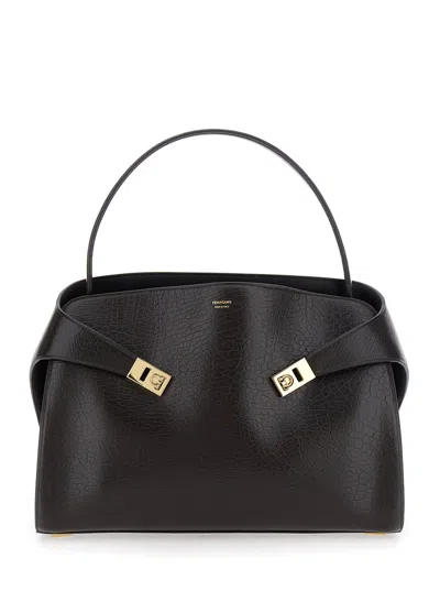 Ferragamo Hug Black Shoulder Bag With Logo Print On The Front In Leather Woman In Multi