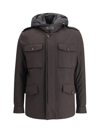 Moorer Isac Hooded Wool Field Jacket In Brown