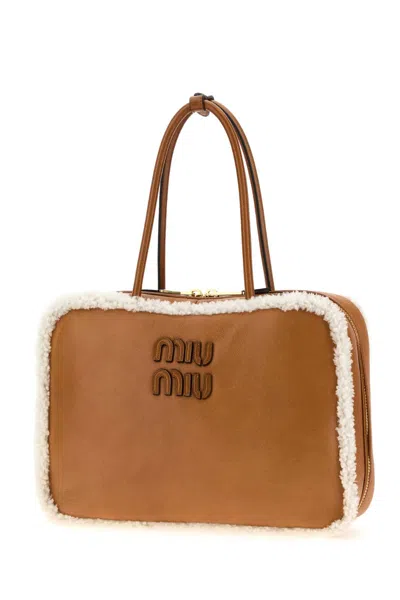 Miu Miu Beau Large Leather Tote Bag In Brown