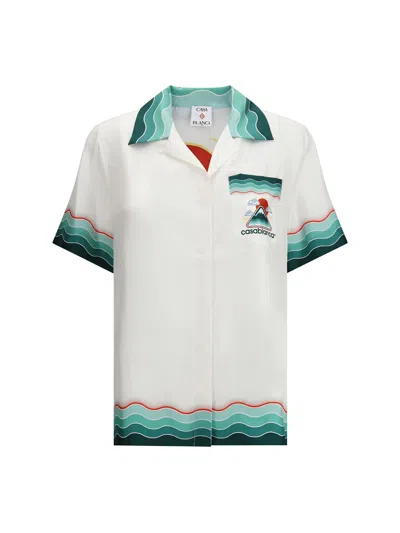Casablanca White Montagne Ondulee Silk Short Sleeve Shirt In White