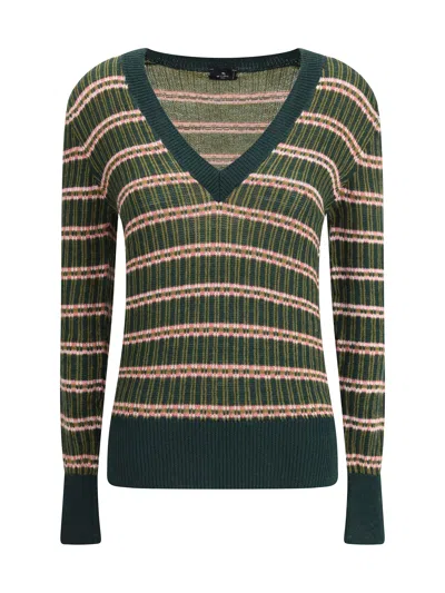 Etro Striped Wool Sweater In Green