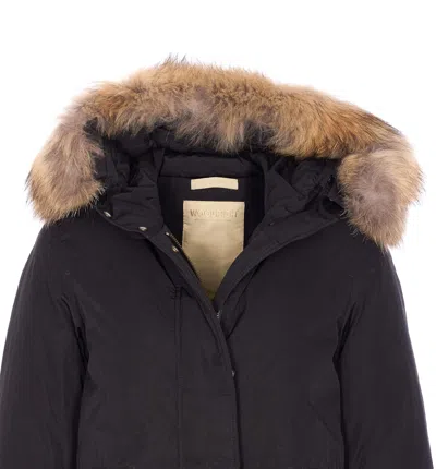Woolrich Padded Coat With Removable Fur Hood In Black