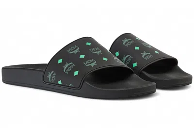 Pre-owned Mcm Men's  Monogram Print Rubber Slides Green Sneakers In Black/splash