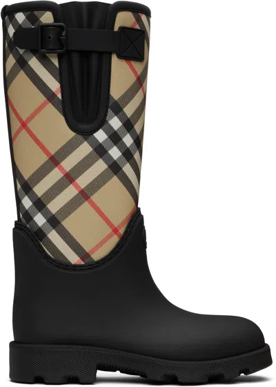 Burberry Woven Check Rain Boots With Adjustable Buckle And Equestrian Design In Black