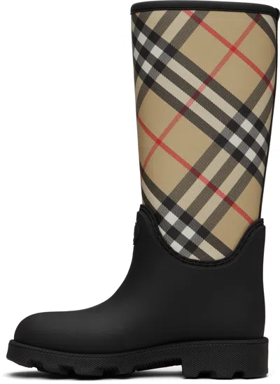 Burberry Woven Check Rain Boots With Adjustable Buckle And Equestrian Design In Black