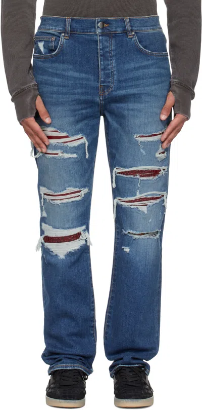Amiri Thrasher Slim Fit Distressed Floral Velvet Patch Jeans In Blue