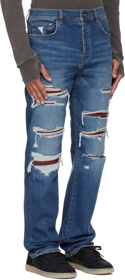 Amiri Thrasher Slim Fit Distressed Floral Velvet Patch Jeans In Blue