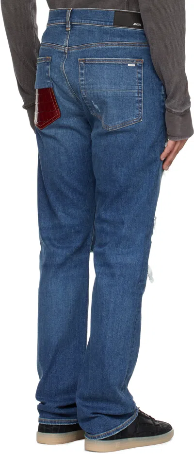 Amiri Thrasher Slim Fit Distressed Floral Velvet Patch Jeans In Blue