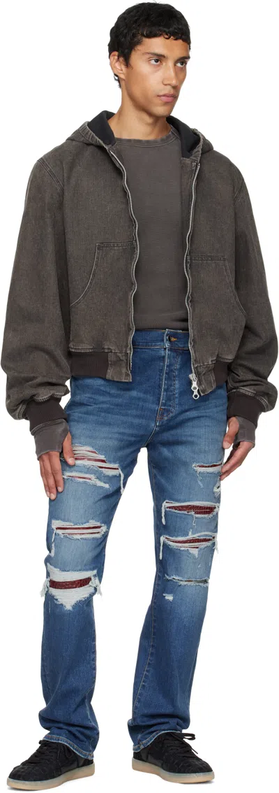 Amiri Thrasher Slim Fit Distressed Floral Velvet Patch Jeans In Blue