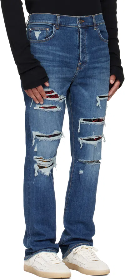 Amiri Thrasher Slim Fit Distressed Floral Velvet Patch Jeans In Blue