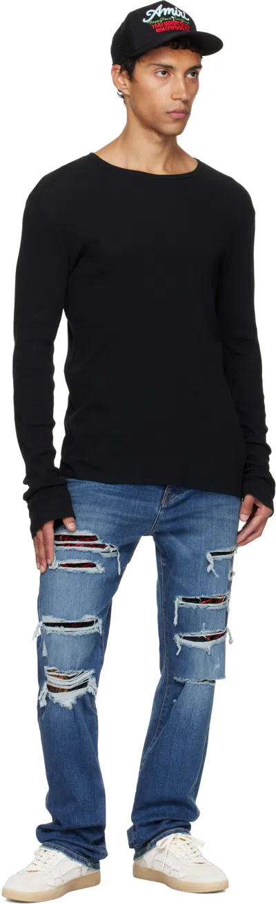 Amiri Thrasher Slim Fit Distressed Floral Velvet Patch Jeans In Blue