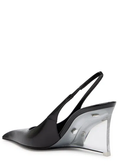 Saint Laurent Pointed Toe Glazed Leather Wedges With Transparent Heel In Black