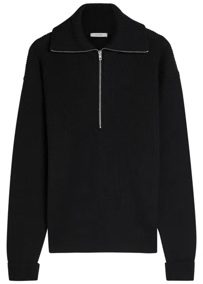 Lemaire Half Zip Sweater In Ribbed Virgin Wool In Black