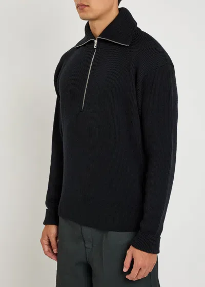 Lemaire Half Zip Sweater In Ribbed Virgin Wool In Black