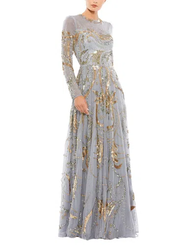 Mac Duggal Long Sleeve Embellished Illusion Evening Gown In Gray