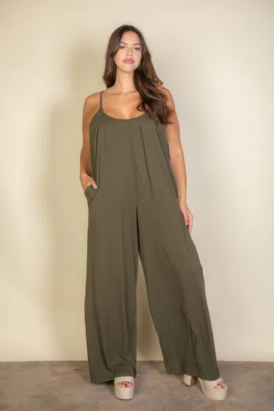 Truedames Plus Spaghetti Strap Solid Wide Jumpsuit In Green