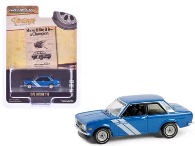 Greenlight 1972 Datsun 510 Blue Metallic With White Stripes "show It Like It Is - A Champion" "vintage Ad Cars" In Blue