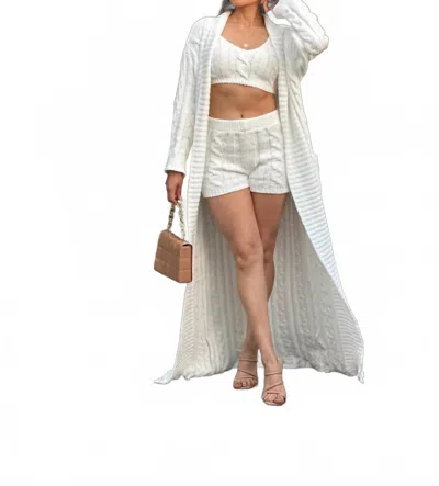 A.c.g. Los Angeles Cozy Cropped Tank Top And Shorts With Long Sleeve Cardigan In White In White