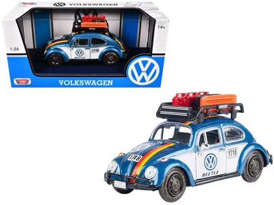 Motormax 1966 Volkswagen Beetle Off Road #1718 Blue Metallic And White With German Flag Stripes And Roof Rack In White