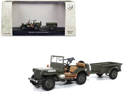 Militaria Die Cast Willys Jeep 1/4-ton Utility Truck Olive Drab With Trailer "united States Army" 1/43 Diecast Model By In Green