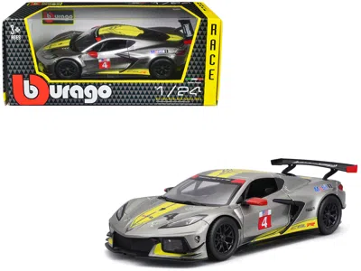 Bburago 2020 Chevrolet Corvette C8.r #4 Silver Metallic With Yellow Stripes "race" Series 1/24 Diecast Model In Multi