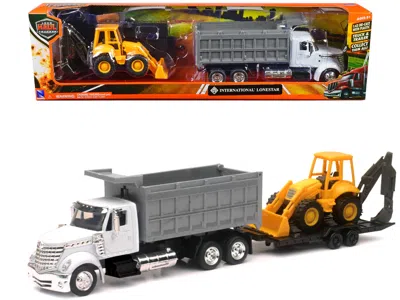 New Ray International Lonestar Dump Truck White And Wheel Loader Yellow With Flatbed Trailer "long Haul Truc In Multi