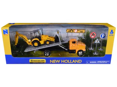 New Ray Peterbilt 335 Roll-off Flatbed Truck And New Holland B110c Backhoe Loader With Street Signs "new Hol In Yellow