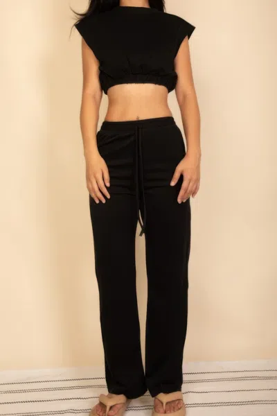 Truedames Elastic Hem Crop Top & Wide Leg Pants Set With Faux Drawstring In Black