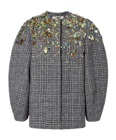 Fendi Women Blouson Jacket In Wool And Cotton Tweed With A Check Pattern In Gray