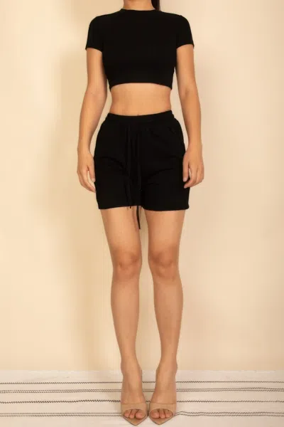 Truedames Fitted Crop Tee & Adjustable Drawstring Shorts Set In Black