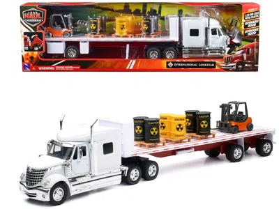 New Ray International Lonestar Flatbed Truck White With 6 Toxic Barrels 3 Pallets And Forklift "long Haul Tr In Multi