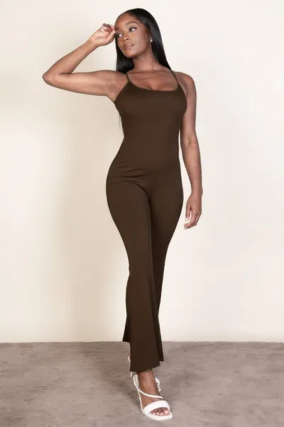 Truedames Ribbed Sleeveless Wide Leg Jumpsuit In Brown