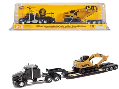 Diecast Masters Kenworth T880 Sbfs Sleeper Tandem Tractor Black With Lowboy Trailer And Cat 320d L Hydraulic Excavat In Multi