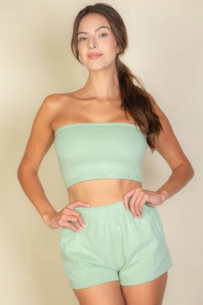 Truedames Simple Solid Color Tube Top And Shorts Two Piece Set In Green
