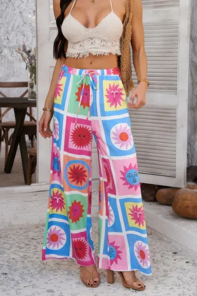 Truedames Allover Print Drawstring Pockets Wide Leg Pants In Pink