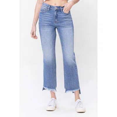 Flying Monkey Norah High Rise Frayed Hem Straight Jeans In Medium Blue In Blue