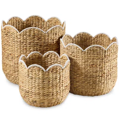 Best Choice Products Scalloped 3pc Water Hyacinth Nesting Baskets - Natural W/ White Trim In Brown