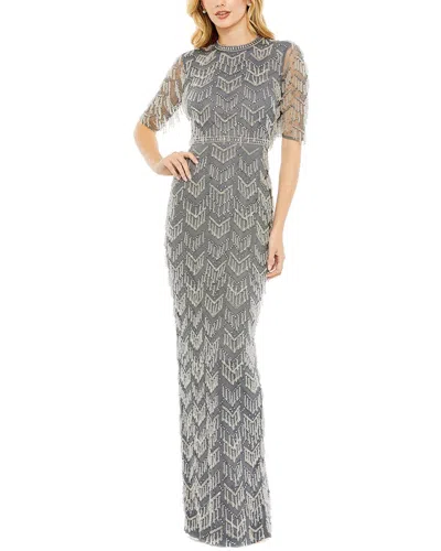 Mac Duggal Beaded Fringe Quarter Sleeve Column Gown In Gray