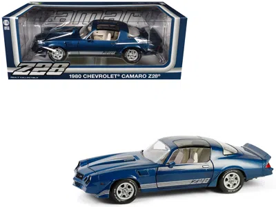 Greenlight 1980 Chevrolet Camaro Z28 With T-tops Dark Blue Metallic With Stripes And Light Gray Interior 1/18 D In Blue