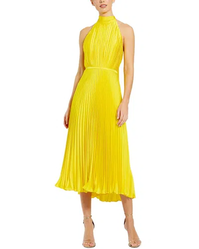 Mac Duggal Pleated High Neck Kitten Bow Midi Dress In Yellow
