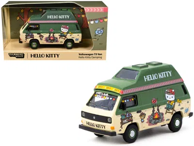 Schuco Volkswagen T3 Van "hello Kitty Camping" Green And Beige With Graphics "collab64" Series 1/64 Diecast In Multi
