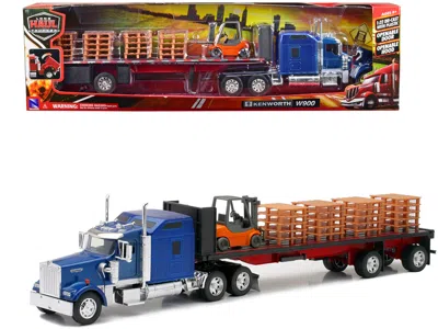 New Ray Kenworth W900 Truck With Flatbed Trailer Blue With Forklift And Pallets "long Haul Truckers" Series  In Multi