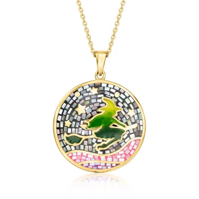 Ross-simons Mother-of-pearl And Multicolored Enamel Witch On Broom Mosaic Pendant Necklace In 18kt Gold Over Ste In Gold