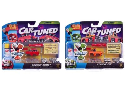 Car Tuned 1987 Chevrolet C10 Pickup Truck Orange And 1956 Chevrolet Nomad Red "custom Shop" 2 Car Set Diecast  In Multi