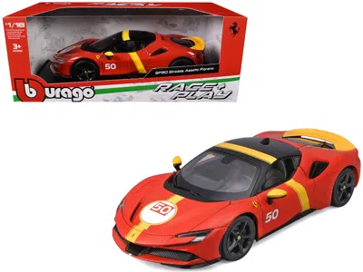 Bburago Ferrari Sf90 Stradale Assetto Fiorano #50 Red With Black Top And Yellow Stripes "race + Play" Series In Red