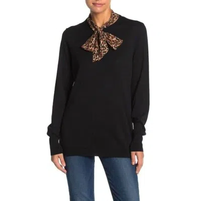 14th & Union Pullover Leopard Print Scarf Neck Tie Knit Sweater In Black In Black